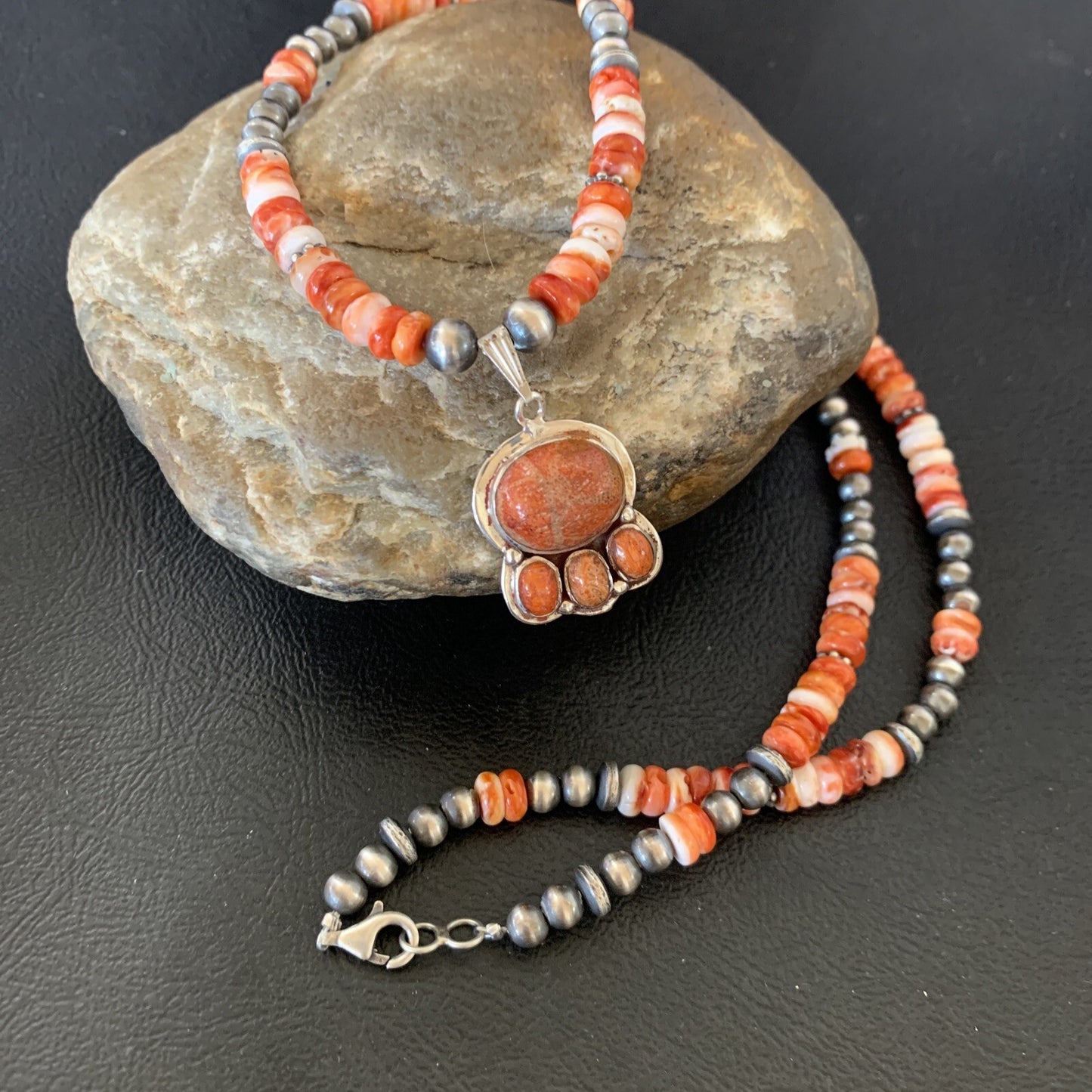 Apple Coral Pendant Spiny Oyster Navajo Pearls Sterling Silver Necklace 12389
