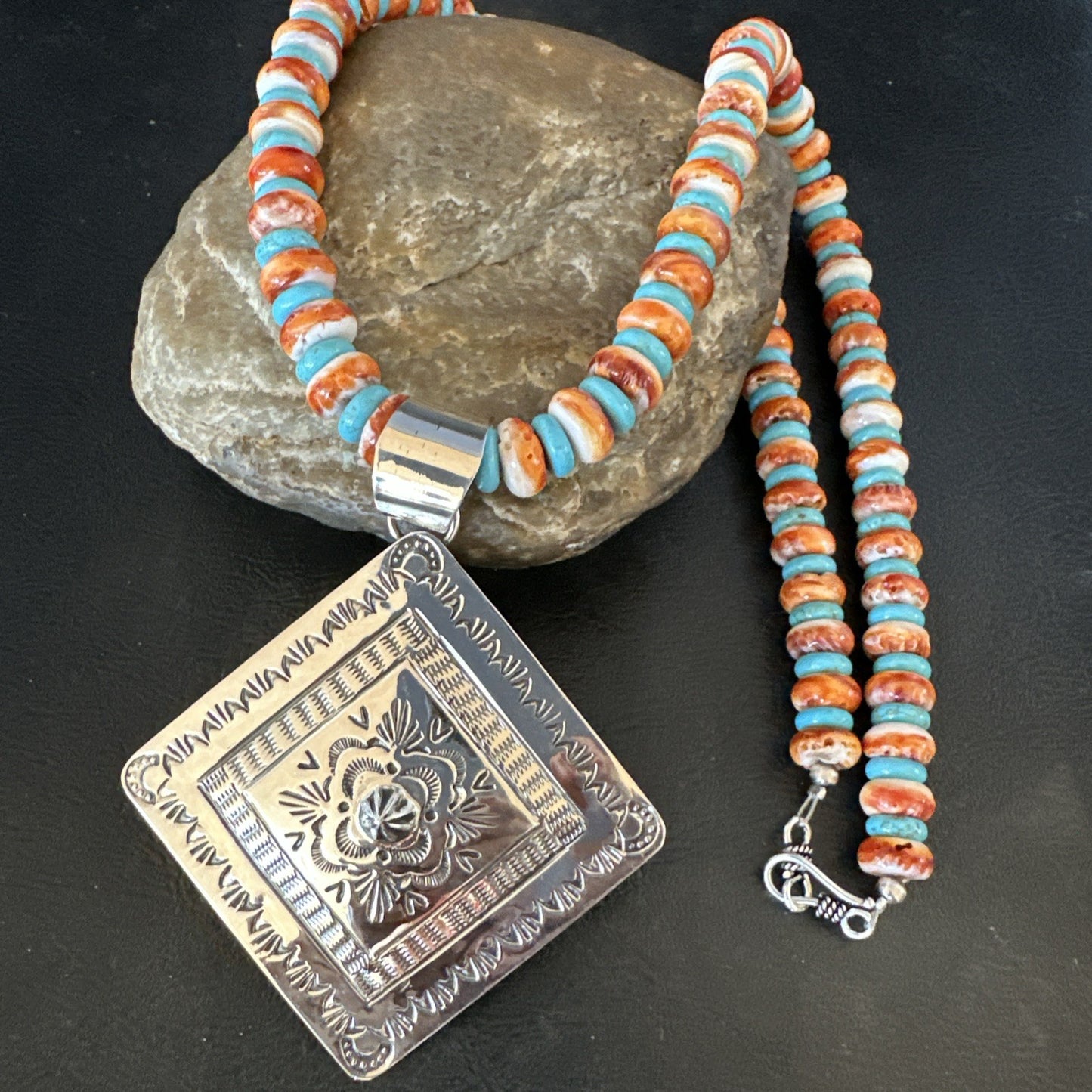 Orange Spiny Oyster Turquoise Navajo  Pendant Sterling Silver Necklace 21” 19044