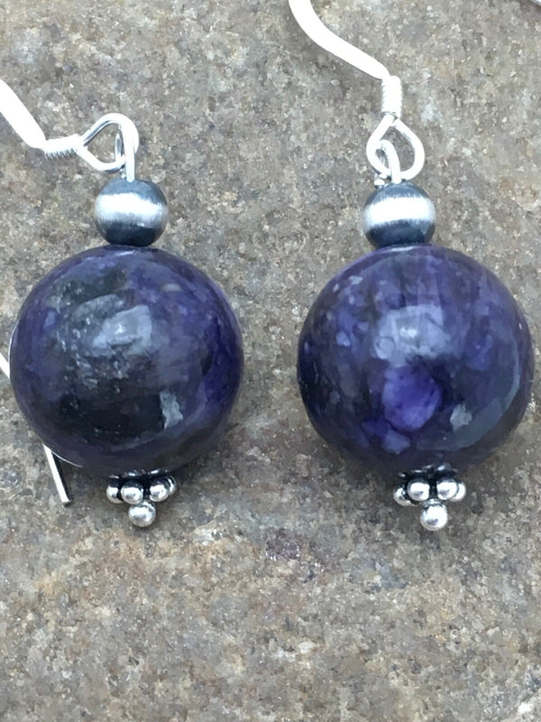 Denim Lapis Chunky Southwestern Dangle Earrings | Sterling Silver | Authentic Native American Handmade | 02804