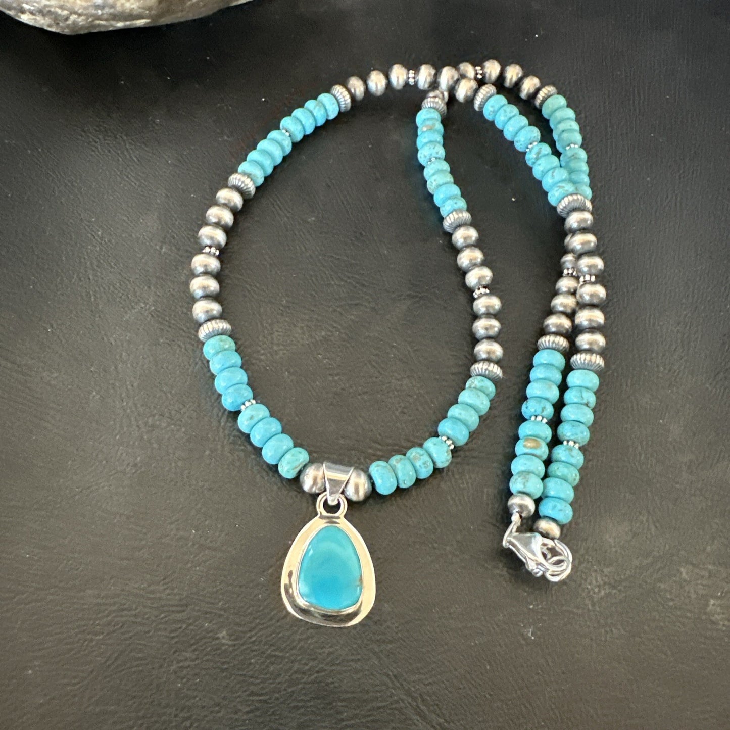Mens Blue Kingman Turquoise Pendant Navajo Sterling Silver Necklace 21" 18173