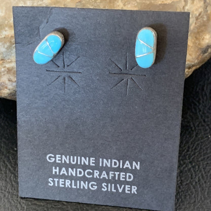 Zuni Handmade Kingman Turquoise Inlay Sterling Stud Post Earrings 13025