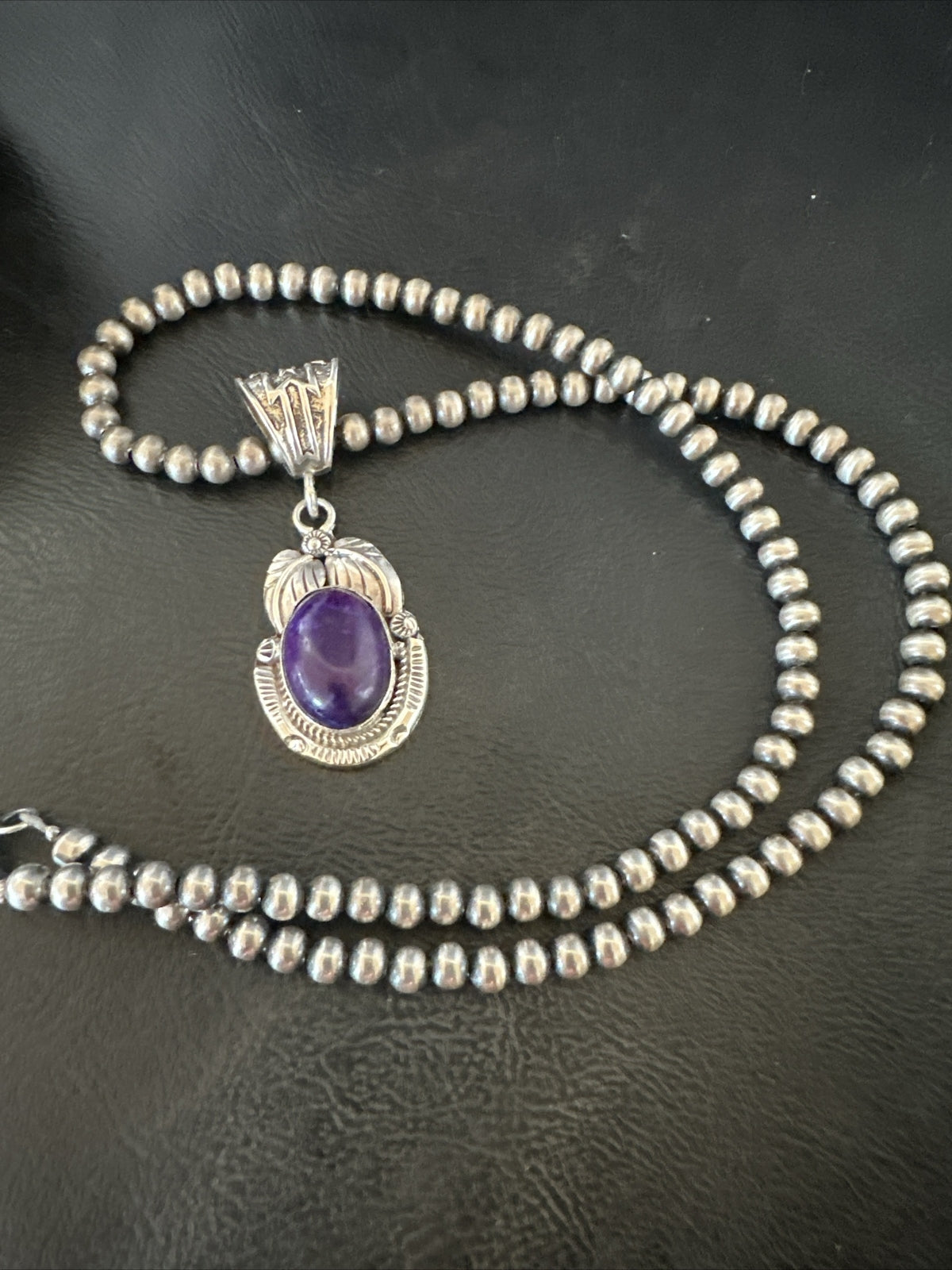 Purple Stone Pendant Navajo Pearls Sterling Silver Necklace 20” 18049