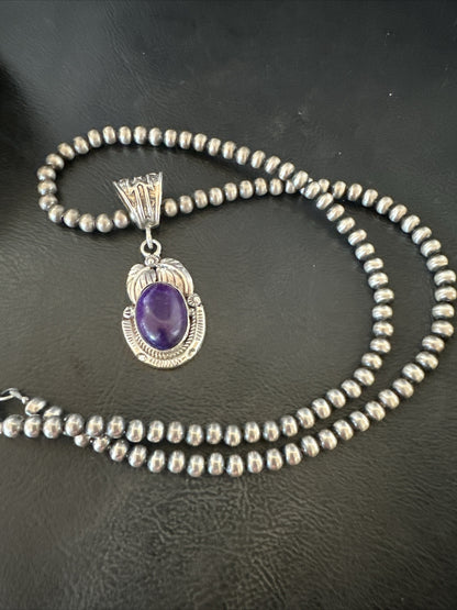 Purple Stone Pendant Navajo Pearls Sterling Silver Necklace 20” 18049