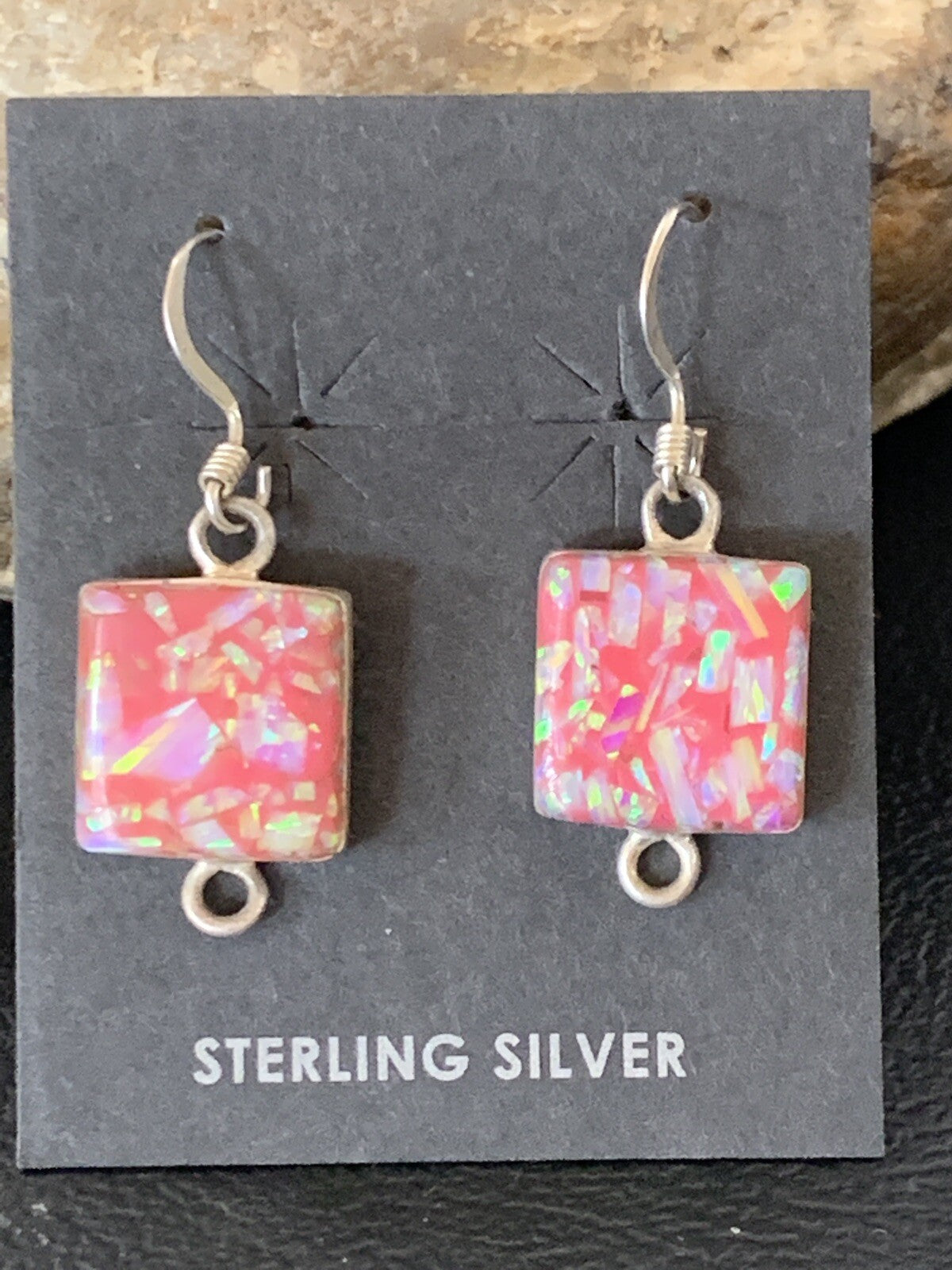 Womens Pink Opal Navajo Sterling Silver Dangle Drop Earrings 0.5" 12752