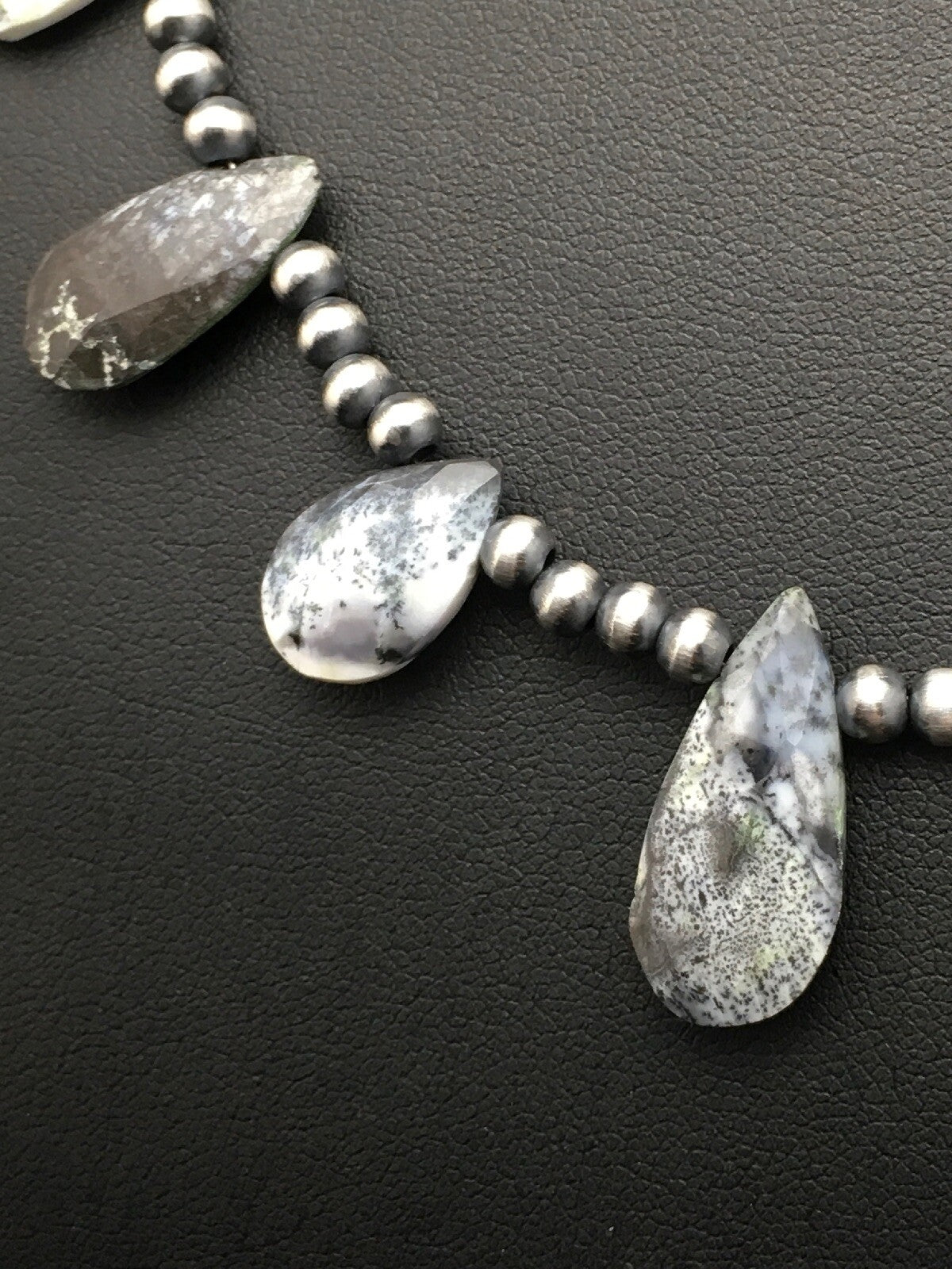 Black Rutilated Opal Pear Shaped Navajo Pearls Sterling Silver Necklace 04090