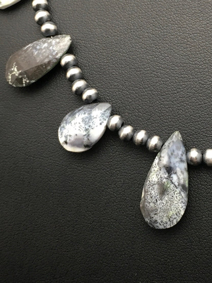 Black Rutilated Opal Pear Shaped Navajo Pearls Sterling Silver Necklace 04090