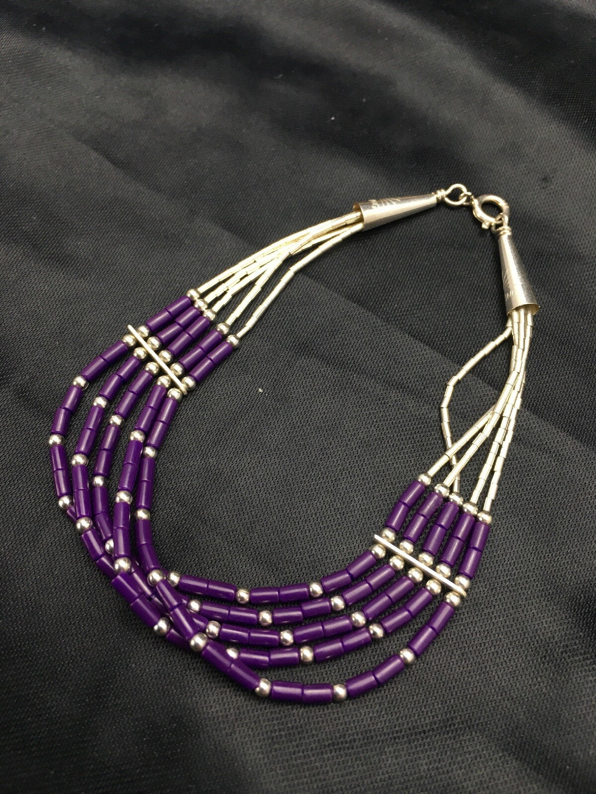 Purple Stone Heishi 5Strand Southwestern Liquid Sterling Silver Bracelet 7" 2933