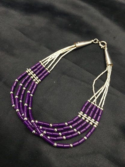Purple Stone Heishi 5Strand Southwestern Liquid Sterling Silver Bracelet 7" 2933