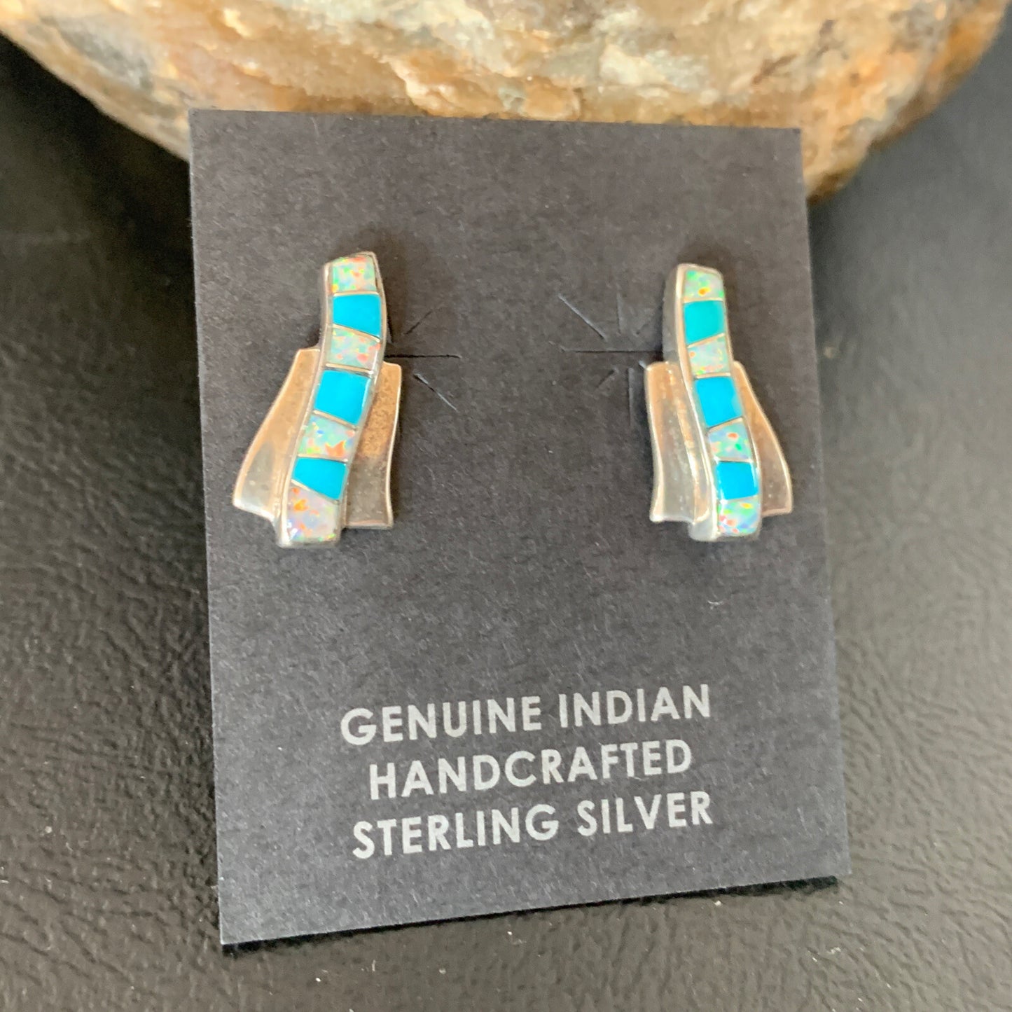 Womens Blue Turquoise & White Opal Navajo Sterling Silver Inlay Earrings 12898