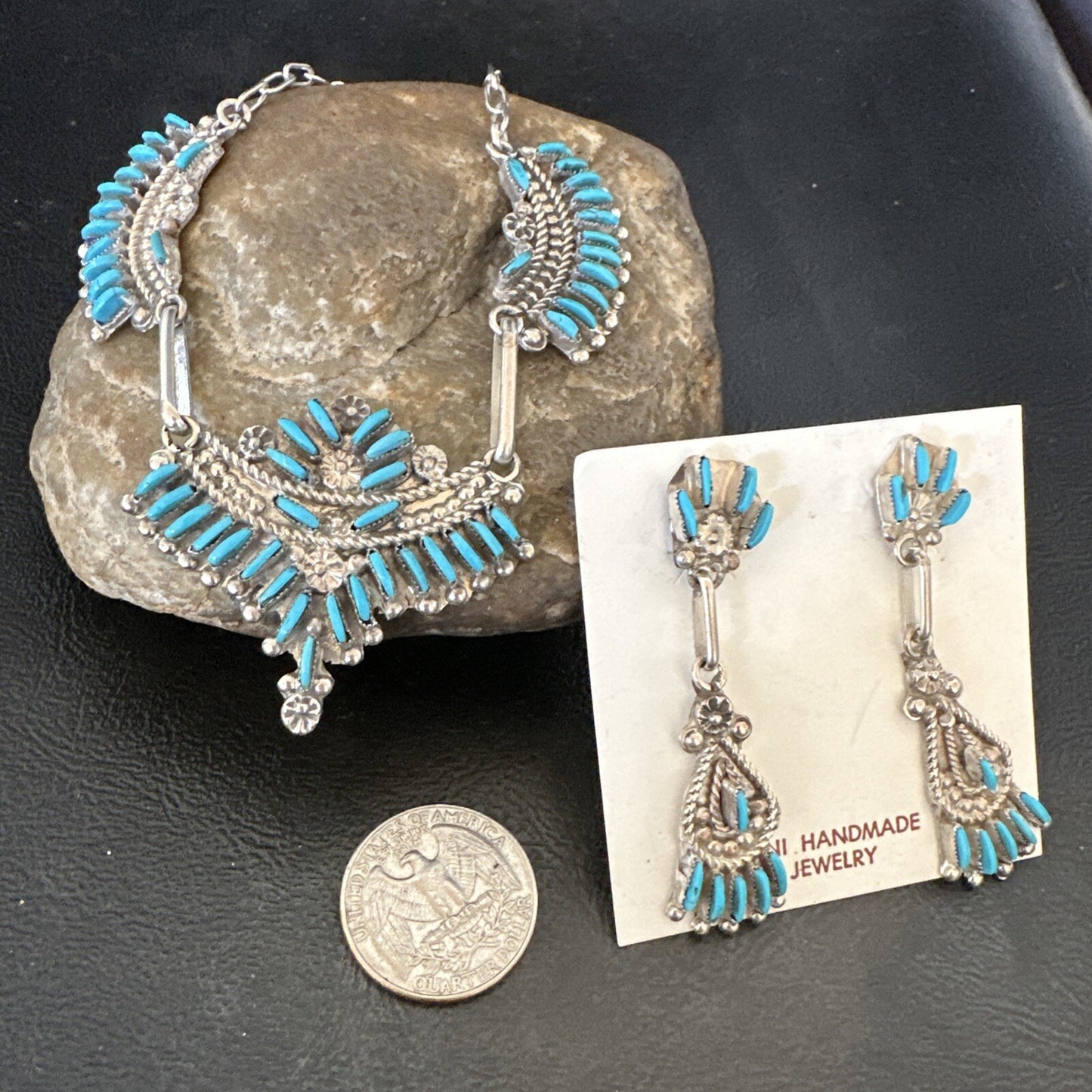 ZUNI Blue Turquoise Sterling Silver Beads Needlepoint Necklace Earrings 18595