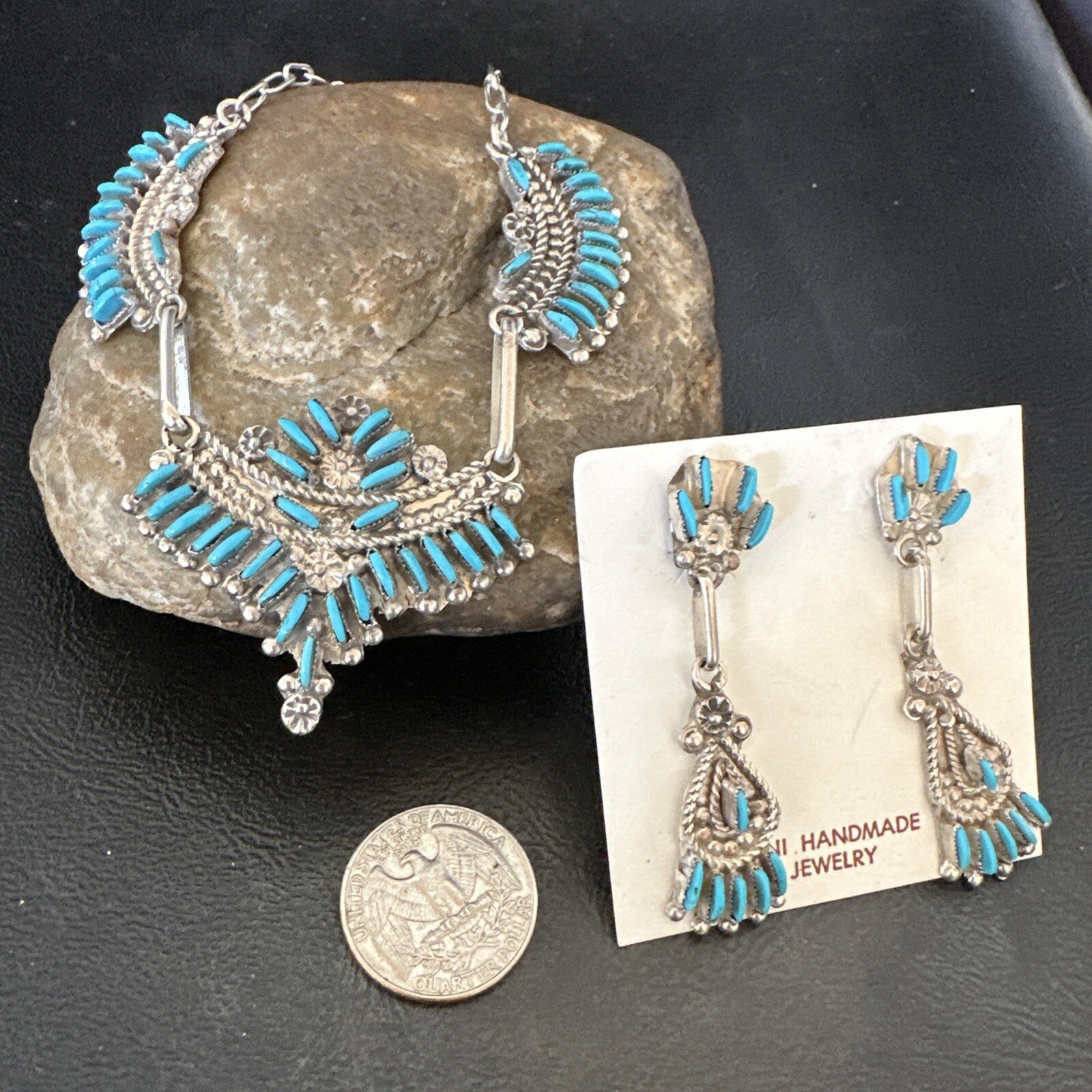 ZUNI Blue Turquoise Sterling Silver Beads Needlepoint Necklace Earrings 18595