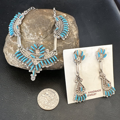 ZUNI Blue Turquoise Sterling Silver Beads Needlepoint Necklace Earrings 18595