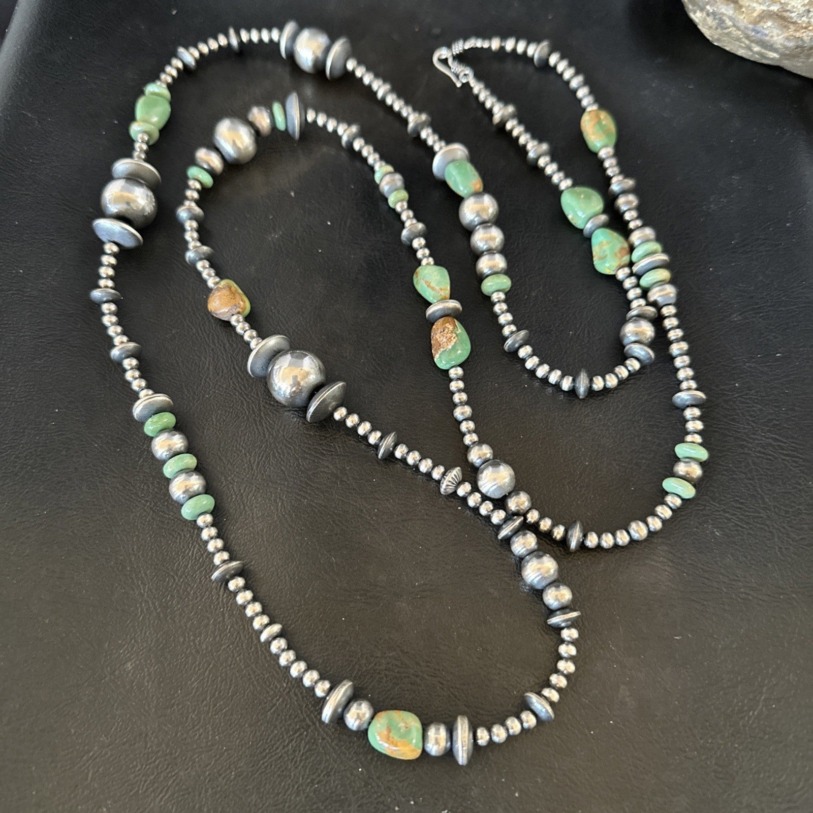 Native Navajo Sterling Silver Beads Green Royston Turquoise 48in Necklace 19116