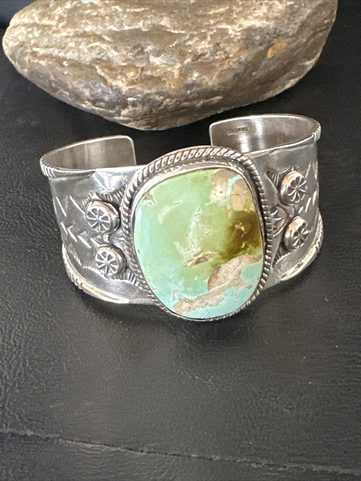 Navajo Women Green Royston Turquoise Stamped Sterling Silver Cuff Bracelet 17865
