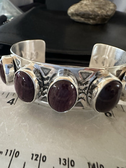 Purple Spiny Oyster Row 5 Stone Sterling Silver Navajo Cuff Bracelet 19473