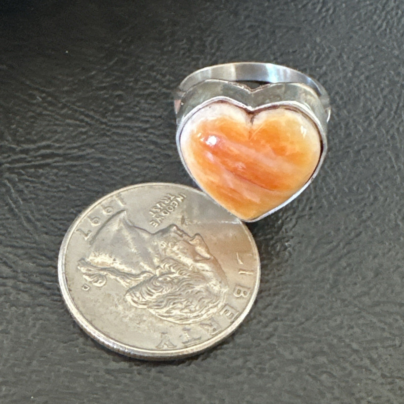 Orange Heart Ring Handmade Navajo Spiny Oyster Sterling Silver Sz 8 19327