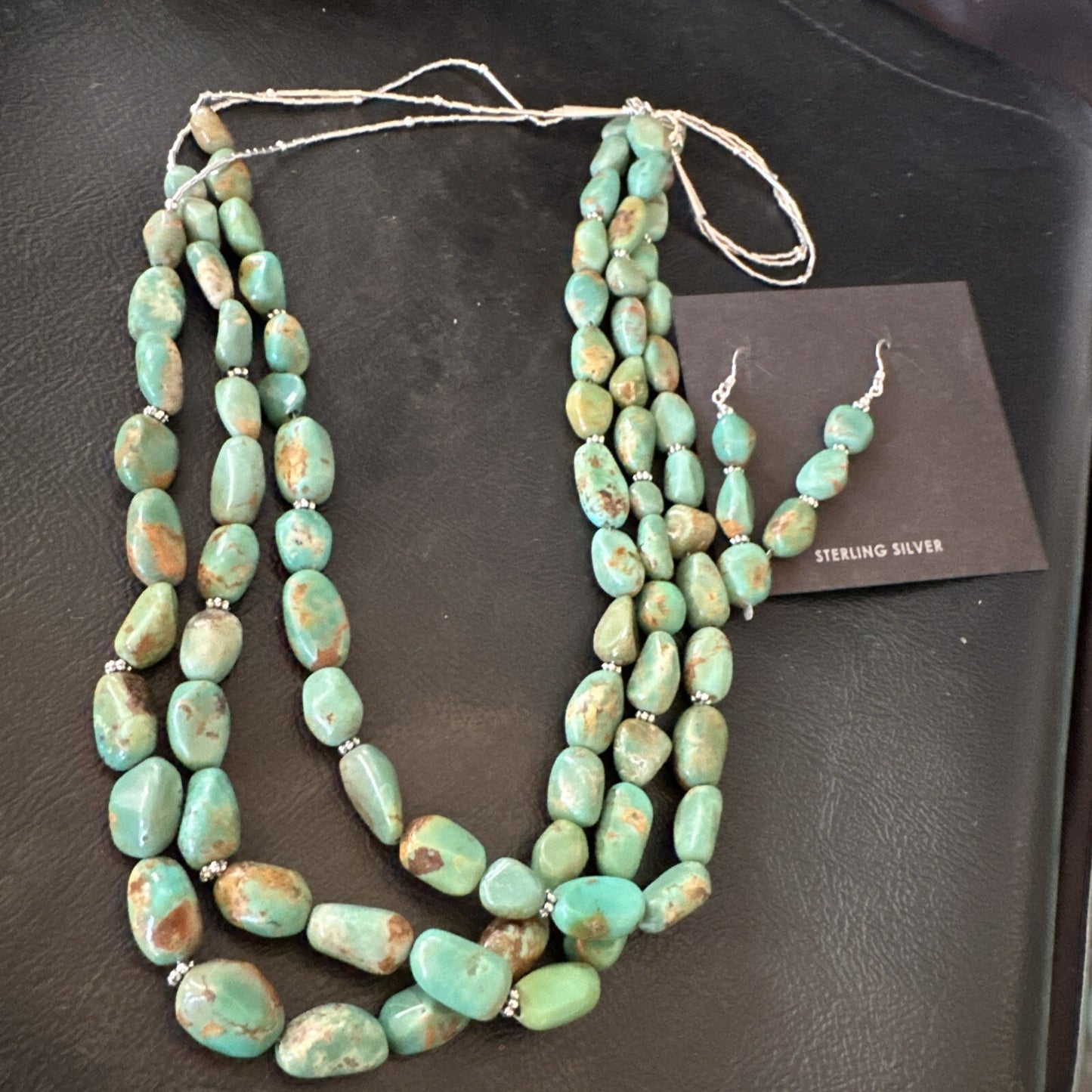 Green Turquoise Heishi 3S Navajo Sterling Silver 22" Necklace Earrings 18568