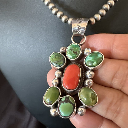 Navajo Sterling Cluster Red Turquoise Pendant Necklace 17714