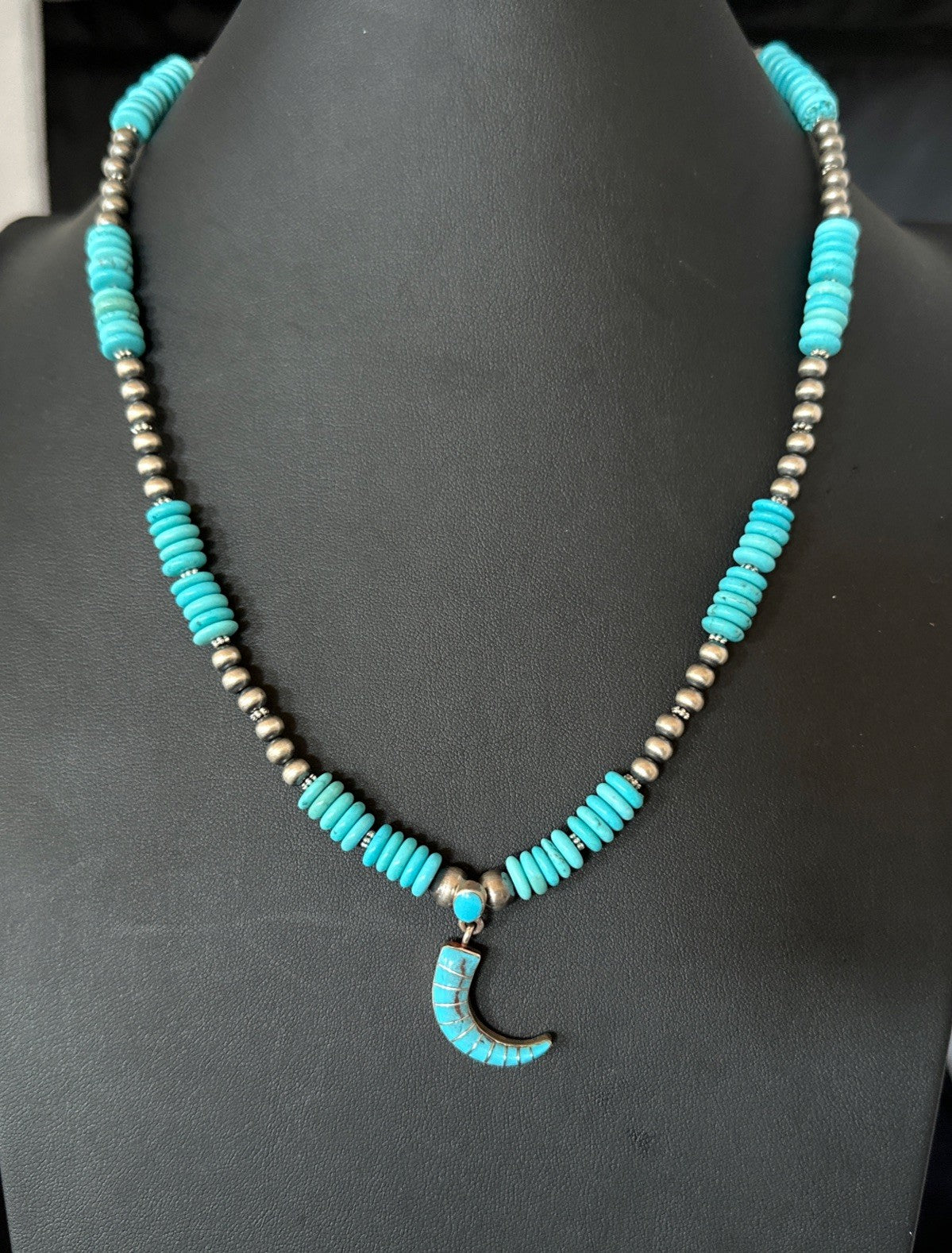 Blue Turquoise Inlay Pendant Navajo Sterling Silver Necklace 19515