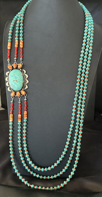 XL Statement Green Turquoise Spiny Navajo 3S Sterling Silver Necklace 34” 19676