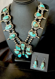 Royston Turquoise Navajo Squash Naja Necklace Earrings | Sterling Silver | Authentic Native American Handmade | 18237