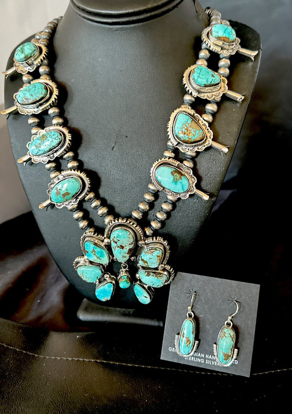 Royston Turquoise Navajo Squash Naja Necklace Earrings | Sterling Silver | Authentic Native American Handmade | 18237