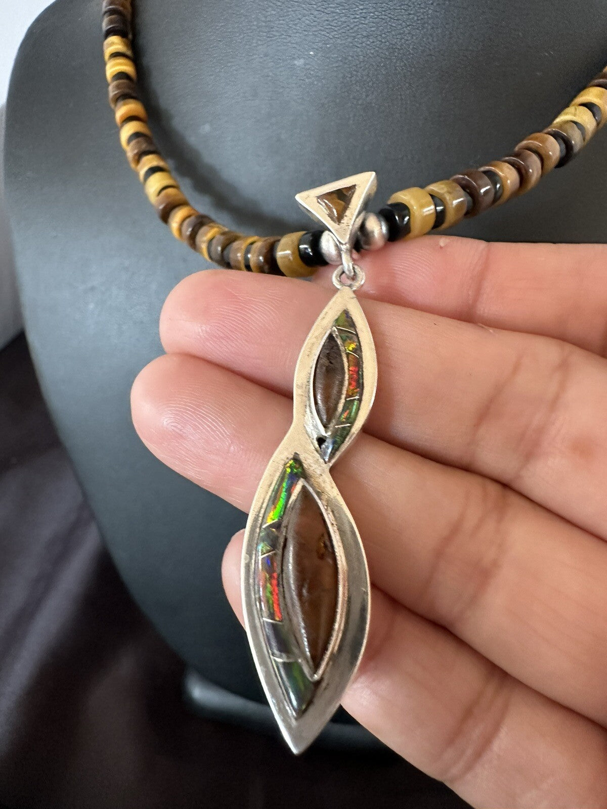Coffee Tigers Eye Amber Opal Onyx Heishi Sterling Silver Pendant Necklace 18343