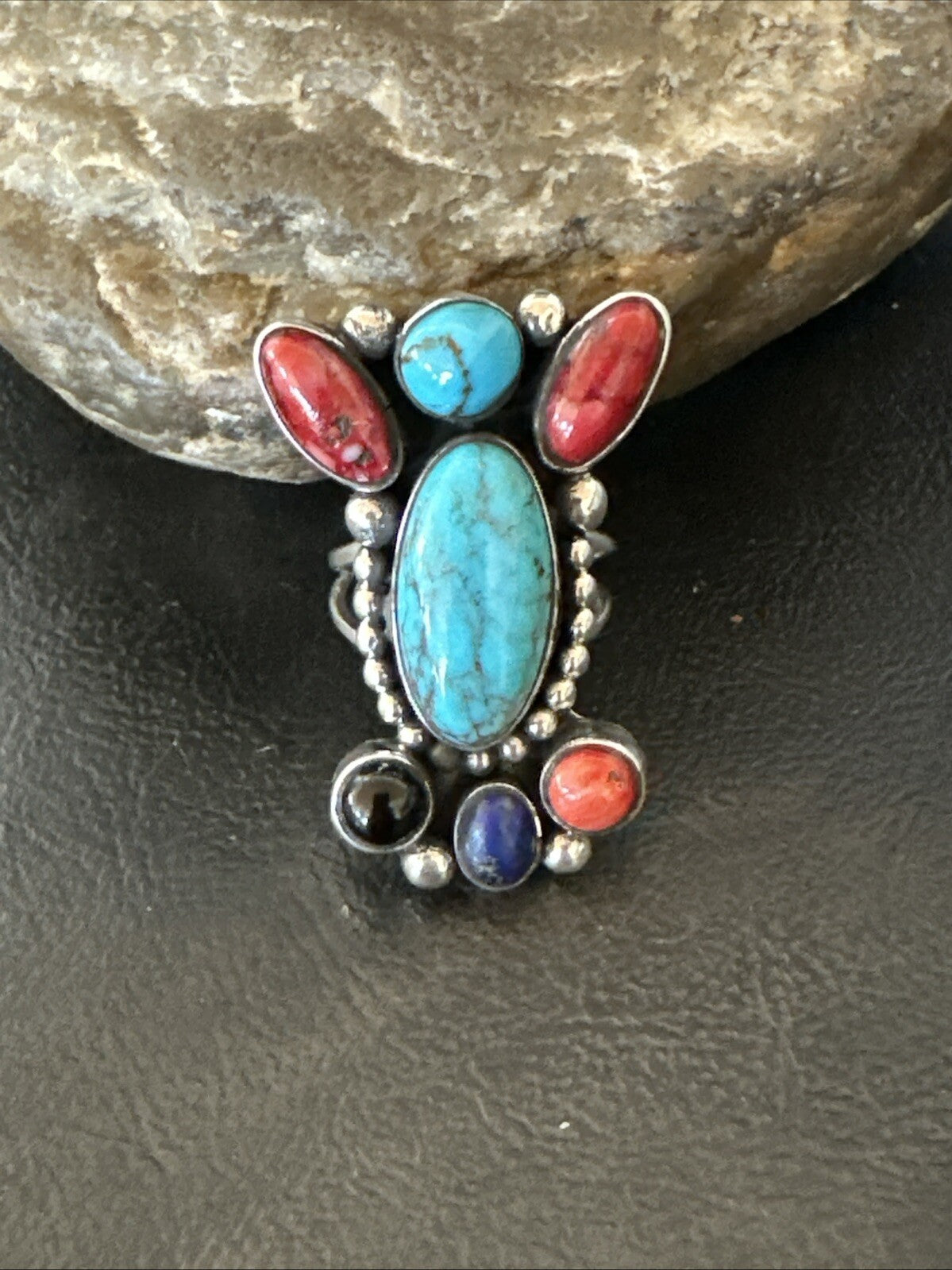 Cluster Blue Turquoise Spiny Oyster Onyx Sterling Silver Ring Size 8 18562