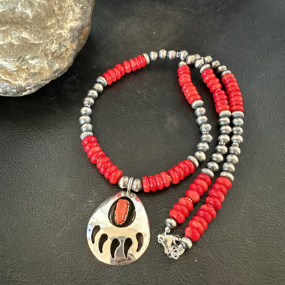 Mens Red Coral BearPaw Pendant Navajo Pearls Sterling Silver Necklace 17883