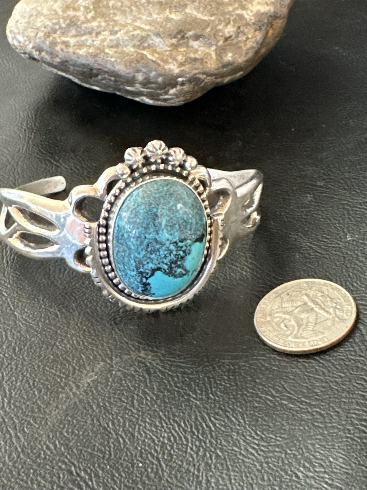 Yazzie Mens Blue Turquoise Navajo Sterling Silver Tufa Cast Cuff Bracelet 19693