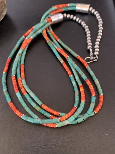 Navajo Green Royston Turquoise Spiny Necklace Sterling Silver 26" 10469