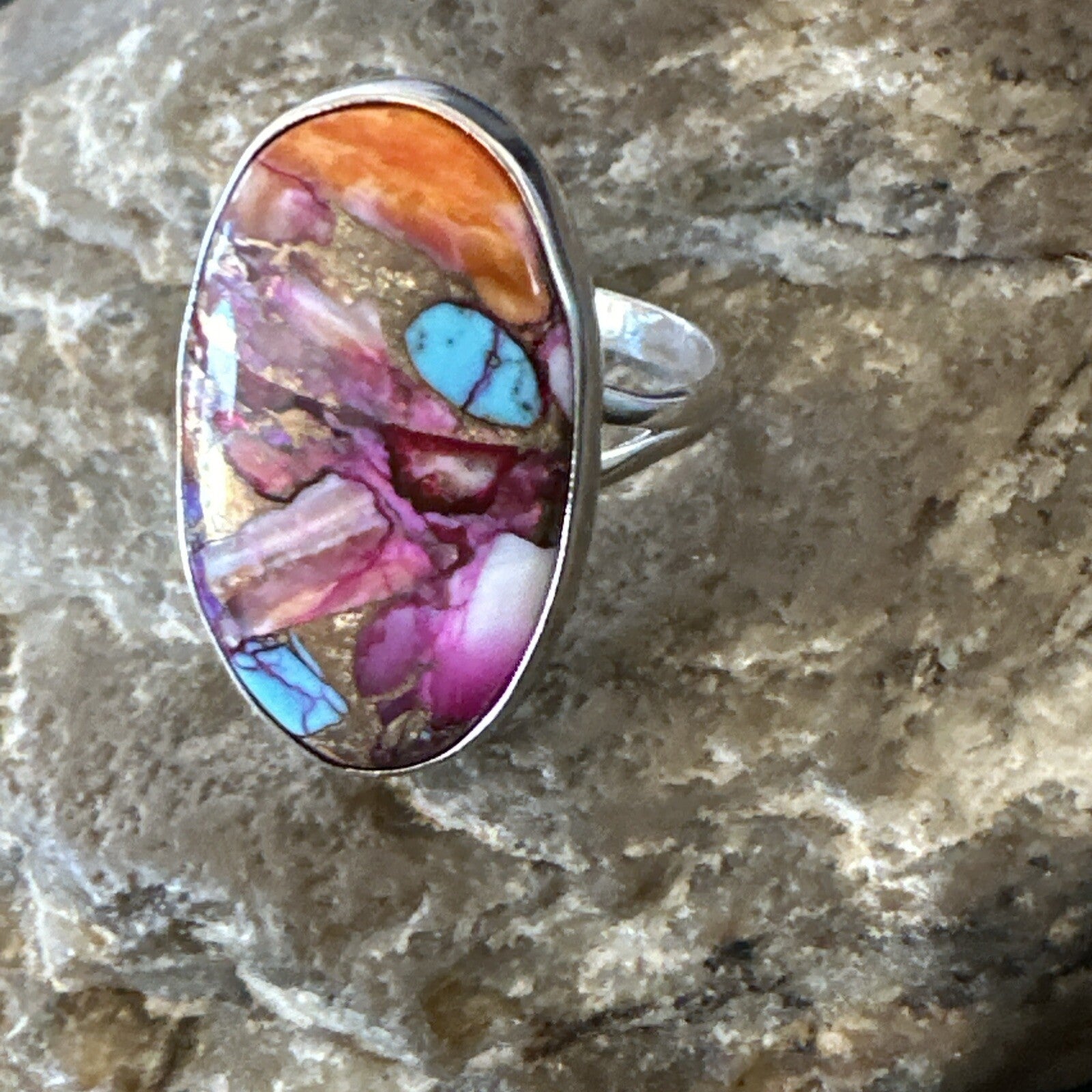 Blue Turquoise Spiny Oyster Southwestern Sterling Silver Ring Size 8 18429