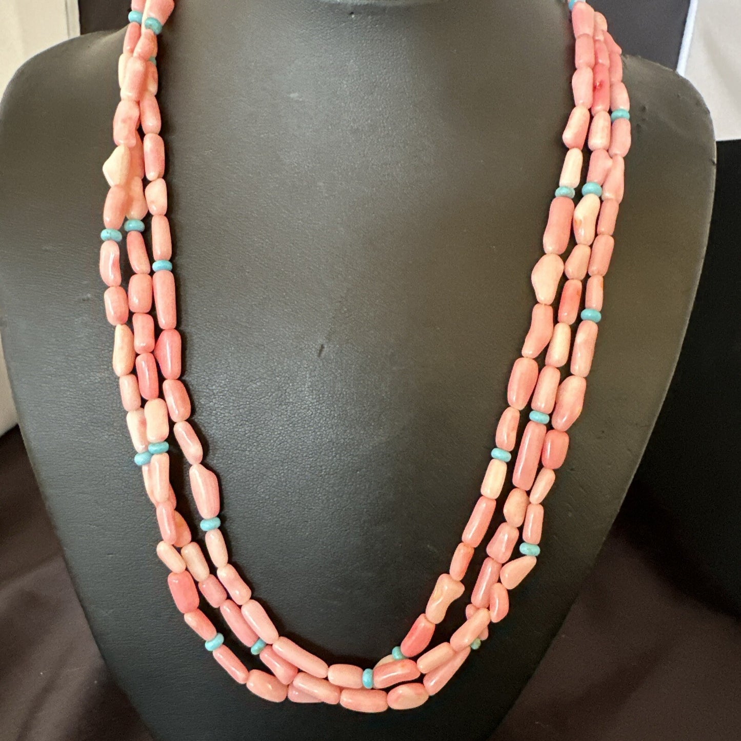 Native American Turquoise Pink Coral Sterling Silver 3 Strand Necklace 21" 17815