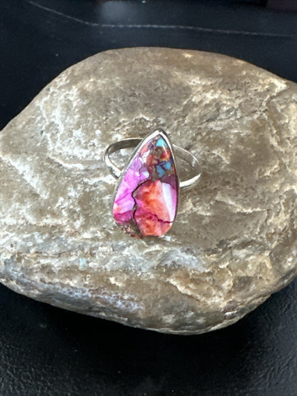 Blue Turquoise Purple Spiny Oyster Navajo Sterling Silver Ring Size 10 18201