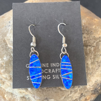 Womens Blue Opal Inlay Navajo Sterling Silver Dangle Earrings 12838