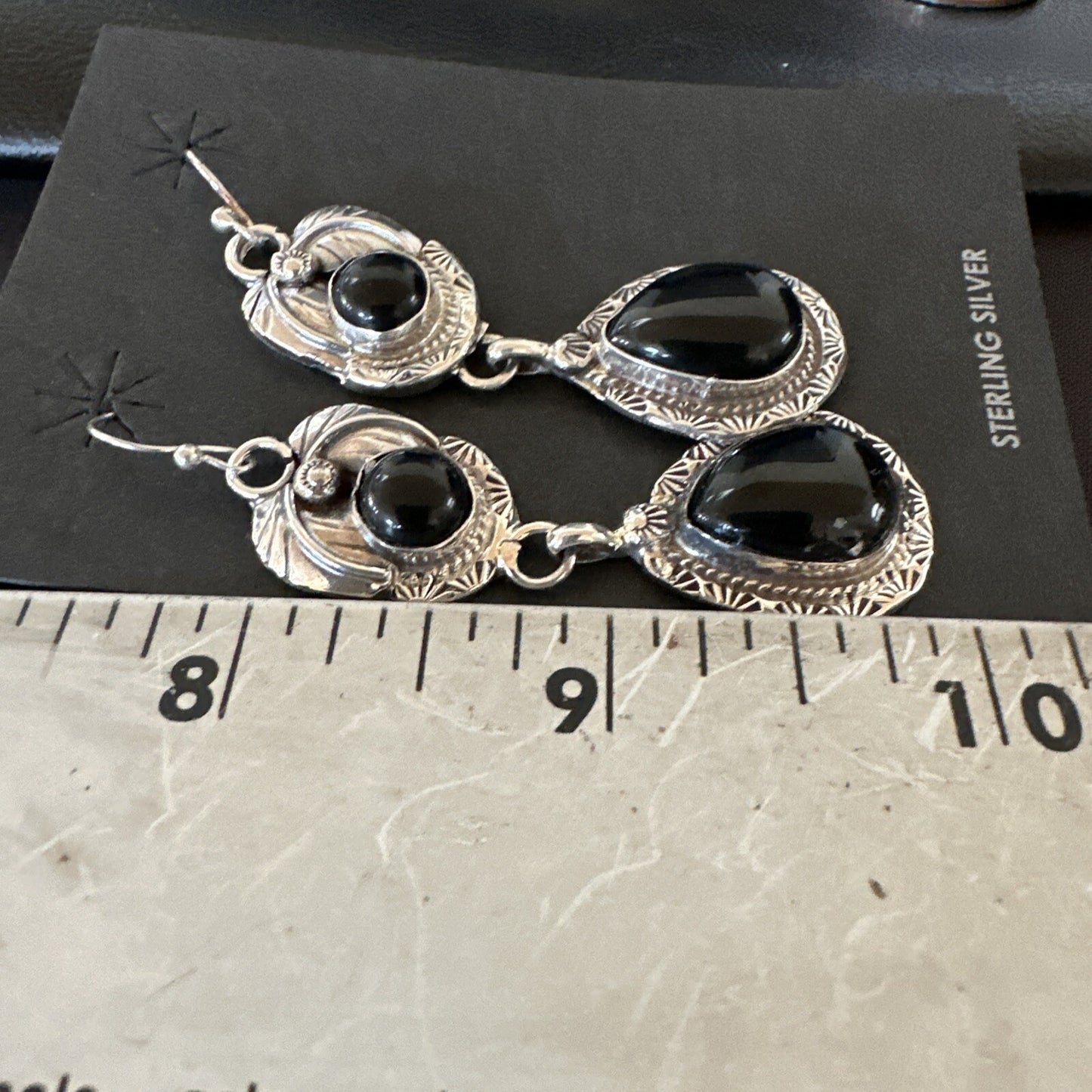 Black Onyx Navajo Sterling Silver Dangle Earrings 1.5" 18289