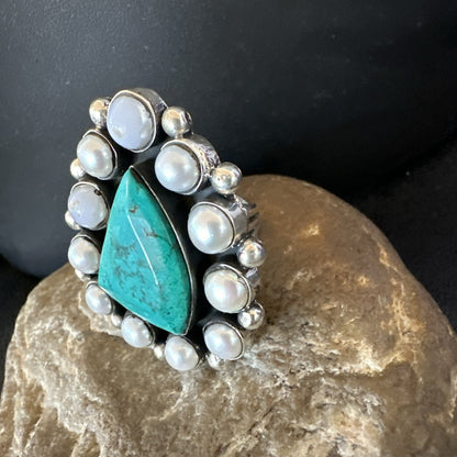 Blue Turquoise White Pearls Navajo Sterling Silver Cluster Ring Size 10.5 18398
