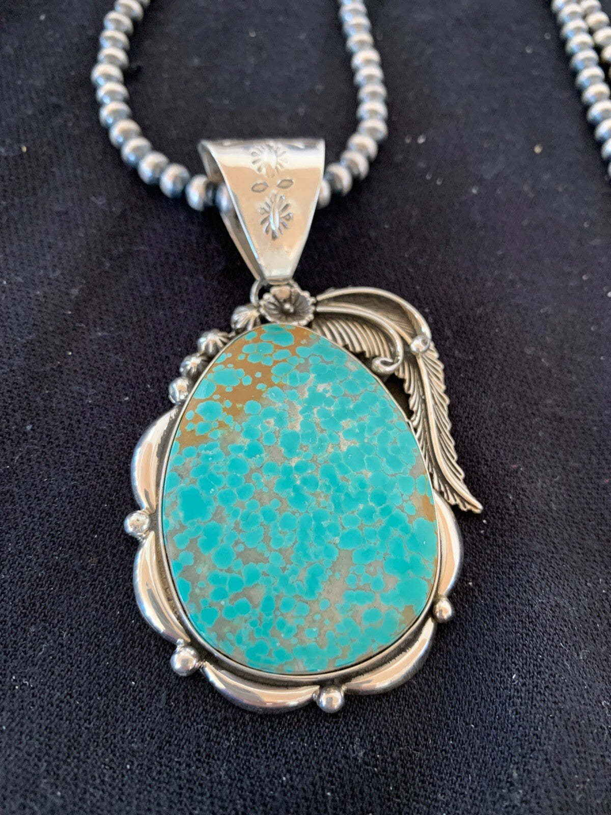Mens Turquoise #8 Pendant Navajo Sterling Silver Beads Necklace 04619