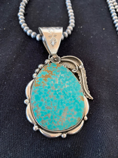 Mens Turquoise #8 Pendant Navajo Sterling Silver Beads Necklace 04619