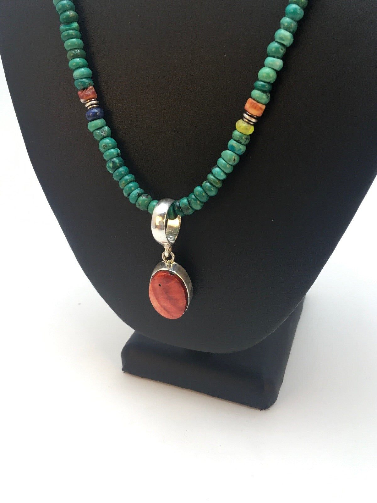 Turquoise & Spiny Oyster Pendant Pueblo Sterling Silver Necklace 08910
