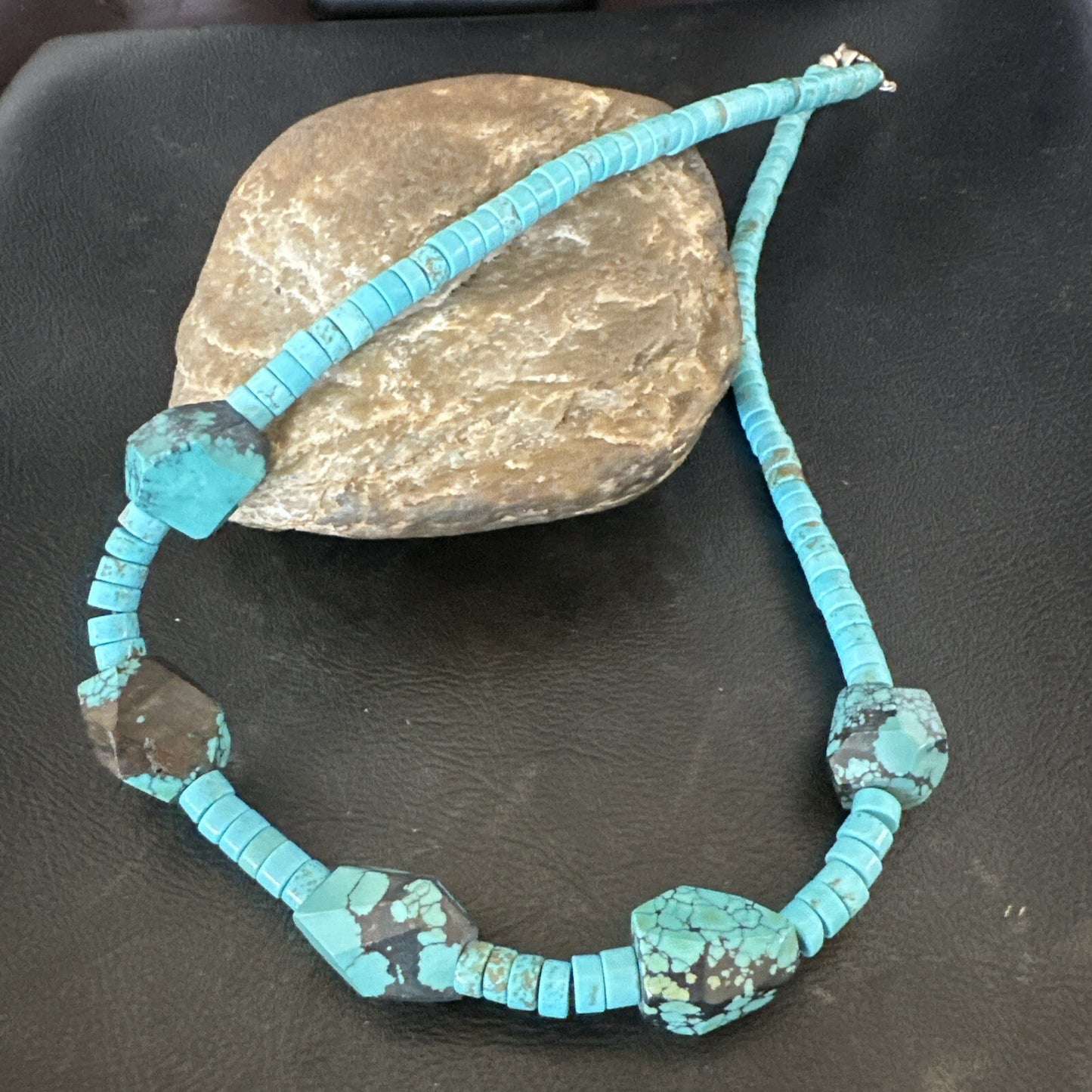 Native Turquoise Nugget Heishi Bead Navajo Sterling Silver Necklace 17807