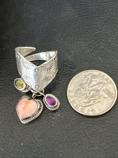 Heart Pink Conch Cluster Spiny Stamped Ring Adjustable Navajo Sz 7.5 19202