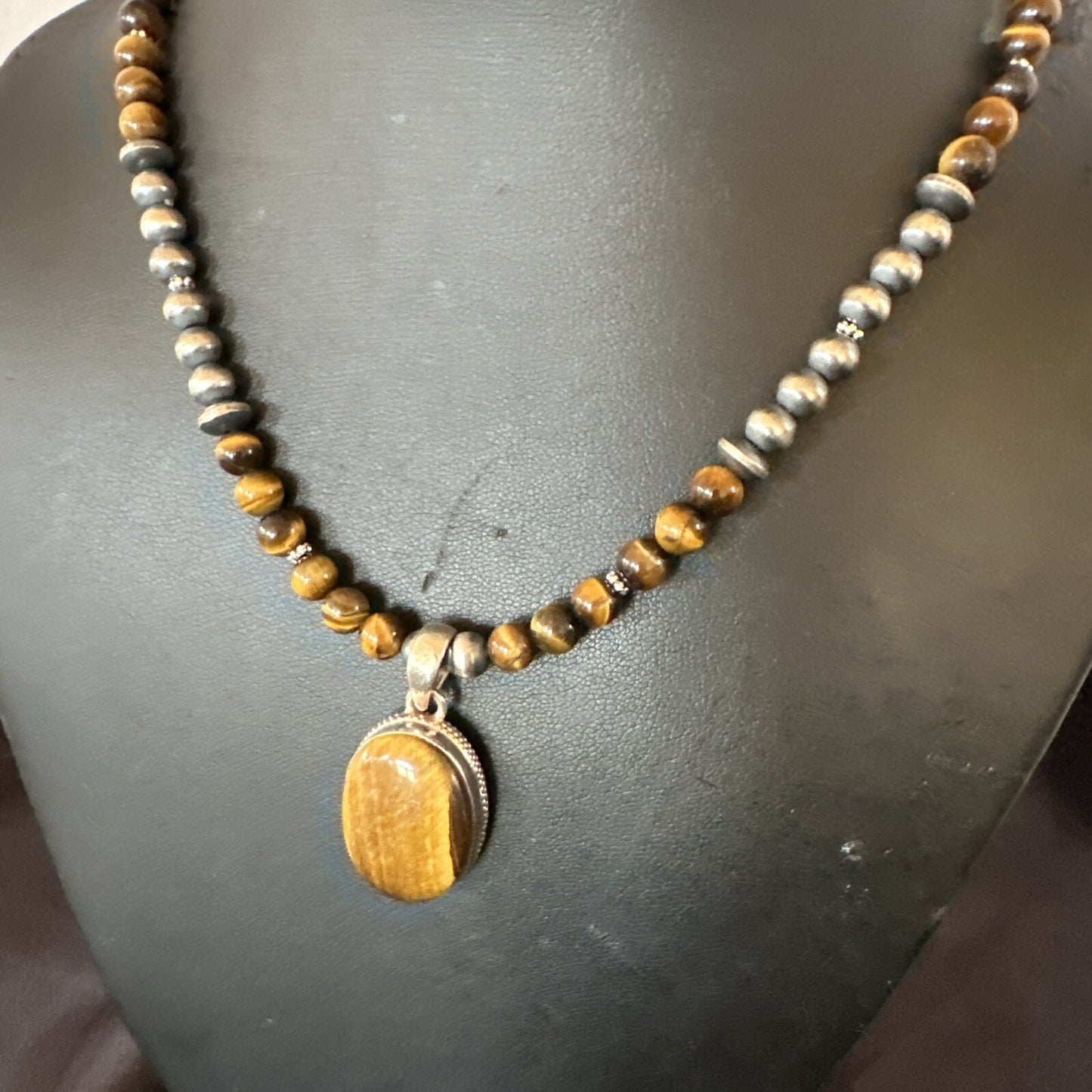 Coffee Brown Tigers Eye Sterling Silver Pendant Necklace Southwestern 18288