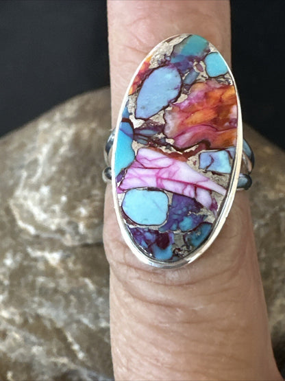Blue Turquoise Spiny Oyster Southwestern Sterling Silver Ring Size 7 18432