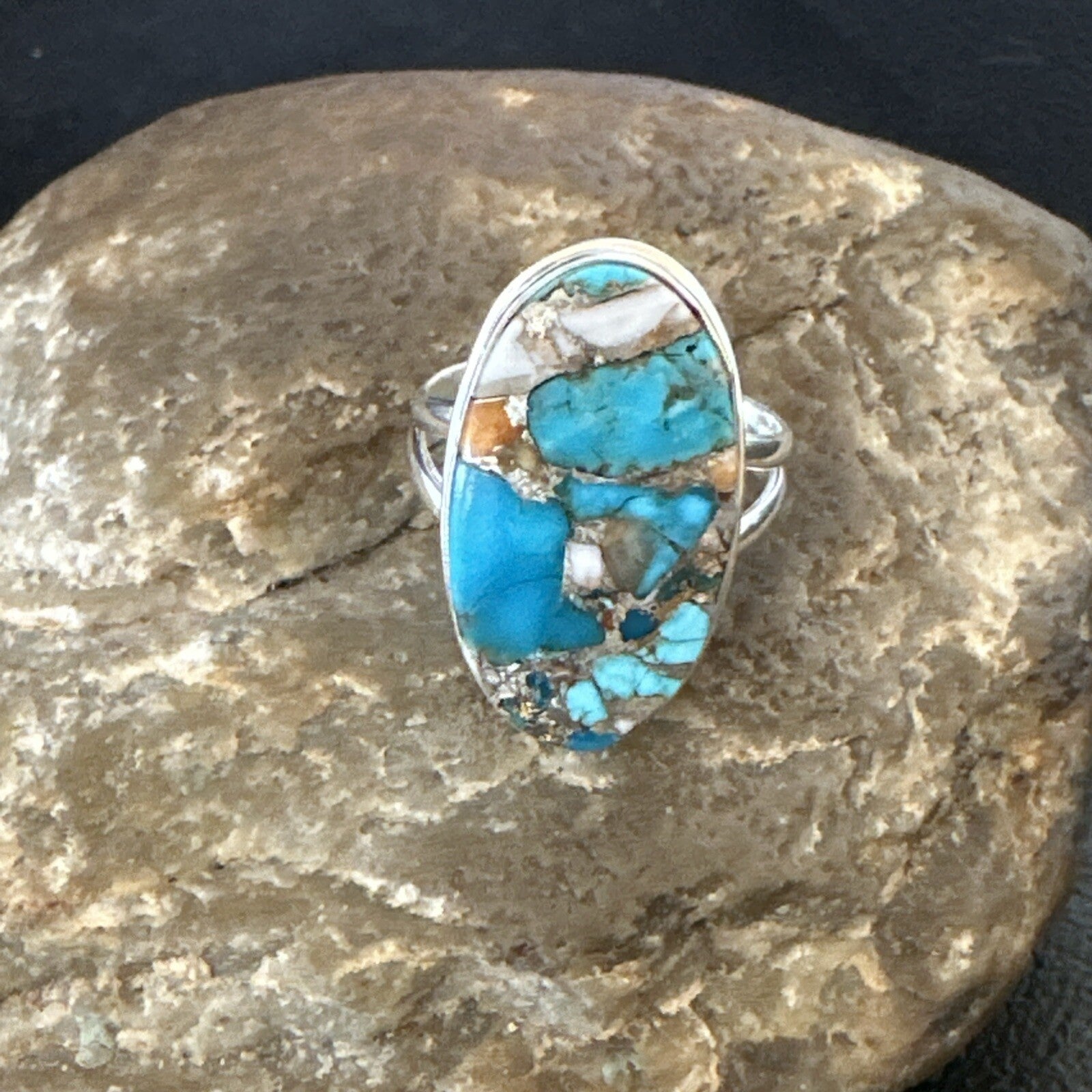 Blue Turquoise Spiny Oyster Southwestern Sterling Silver Ring Size 9 18538