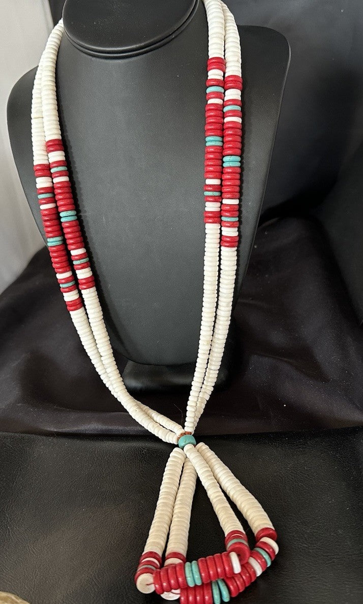 Red Coral White Turquoise 2 St Native American Santo Domingo Necklace 28" 19440