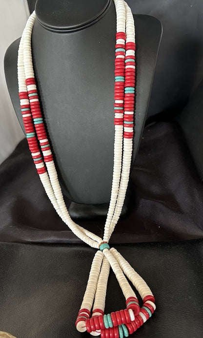 Red Coral White Turquoise 2 St Native American Santo Domingo Necklace 28" 19440
