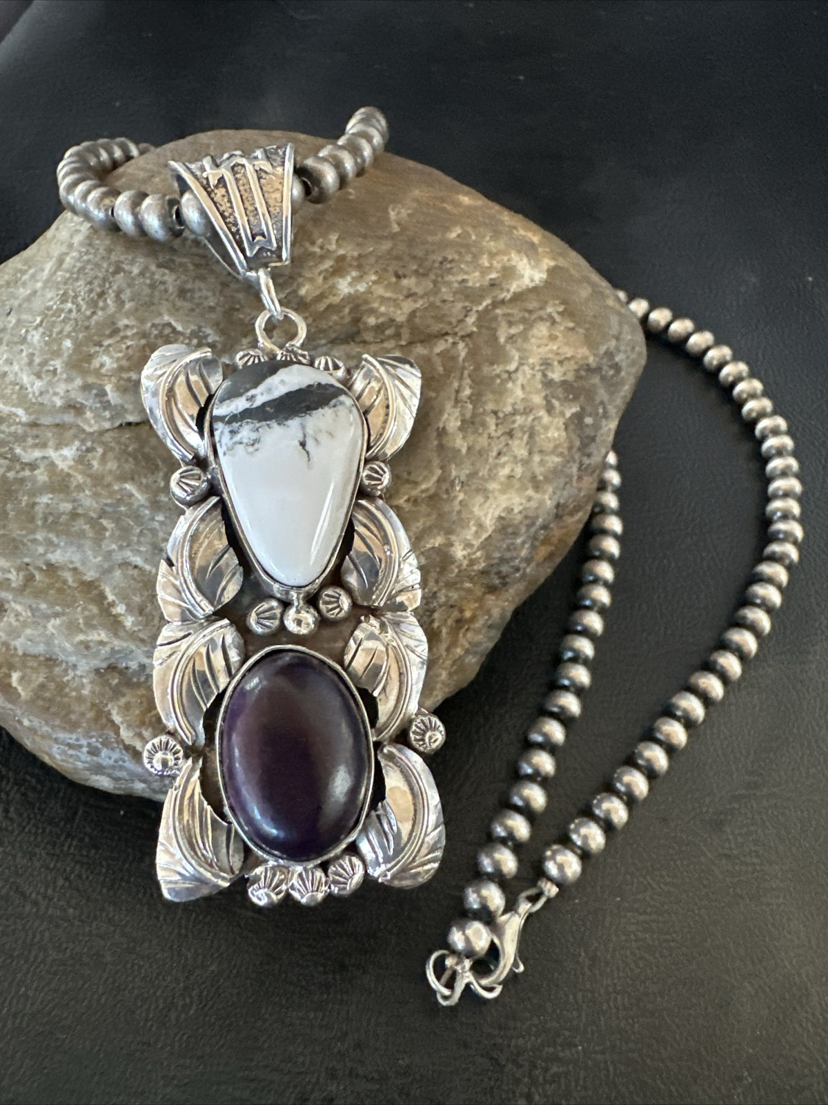 White Buffalo Turquoise  Purple Stone Pendant Navajo Sterling Silver 18036