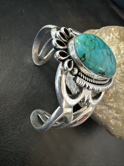 Yazzie Kingman Turquoise Navajo Sterling Silver Tufa Cast Cuff Bracelet 19692