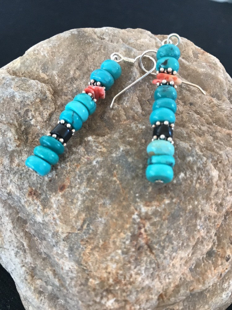 Blue Turquoise Red Spiny Oyster Sterling Silver Navajo Earrings